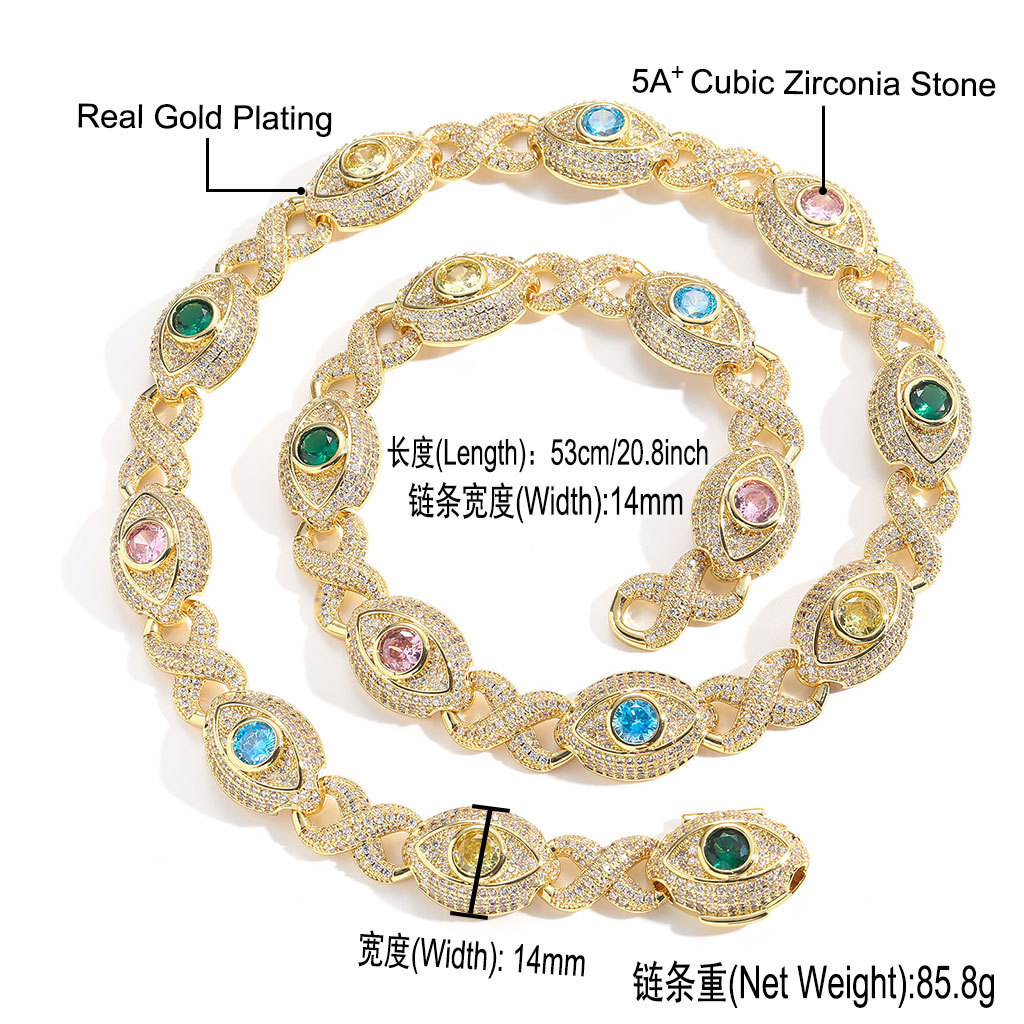Hip Hop Colorful Eye Cuban Chain Necklace Bracelets 5A Zircon Mens Jewelry