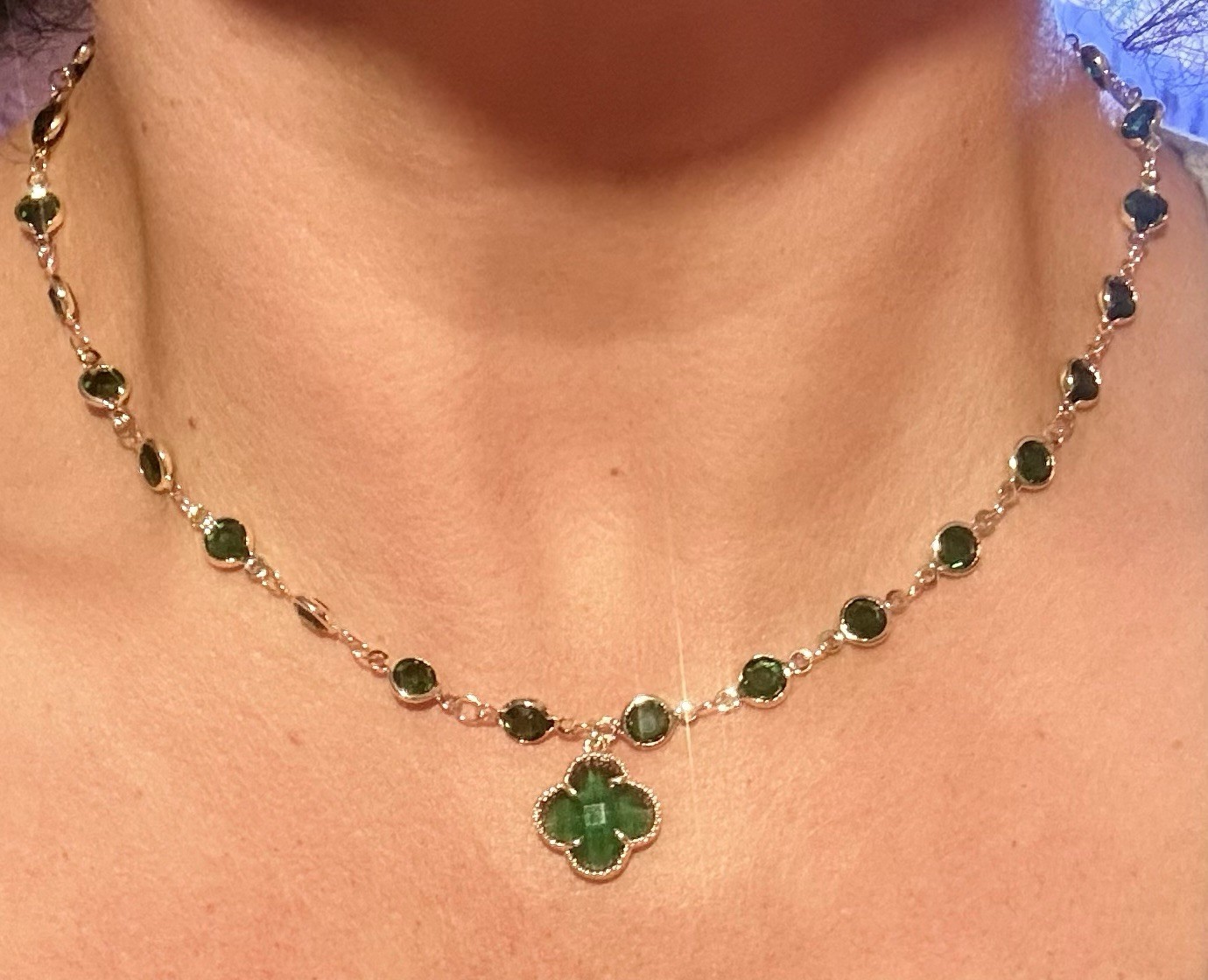 NEW 14K YG GP Over Sterling Emerald Green Stones Beautiful Necklace 18 Inches
