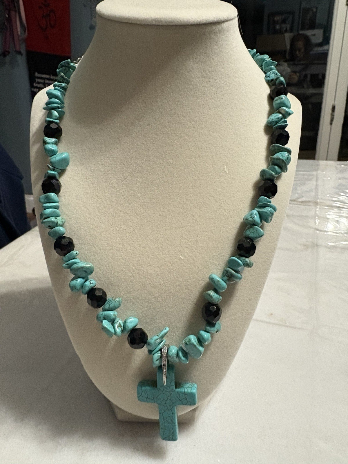 Turquoise Cross Adjustable Necklace Natural Stones Black Beads 20inch Long