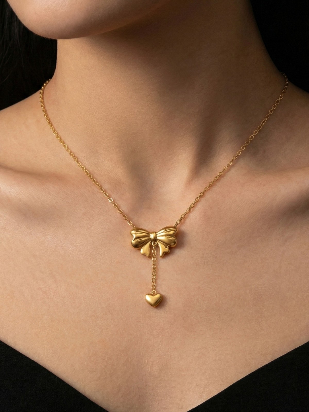 Gold Tone Stainless Steel Bow Heart Drop Pendant Necklace