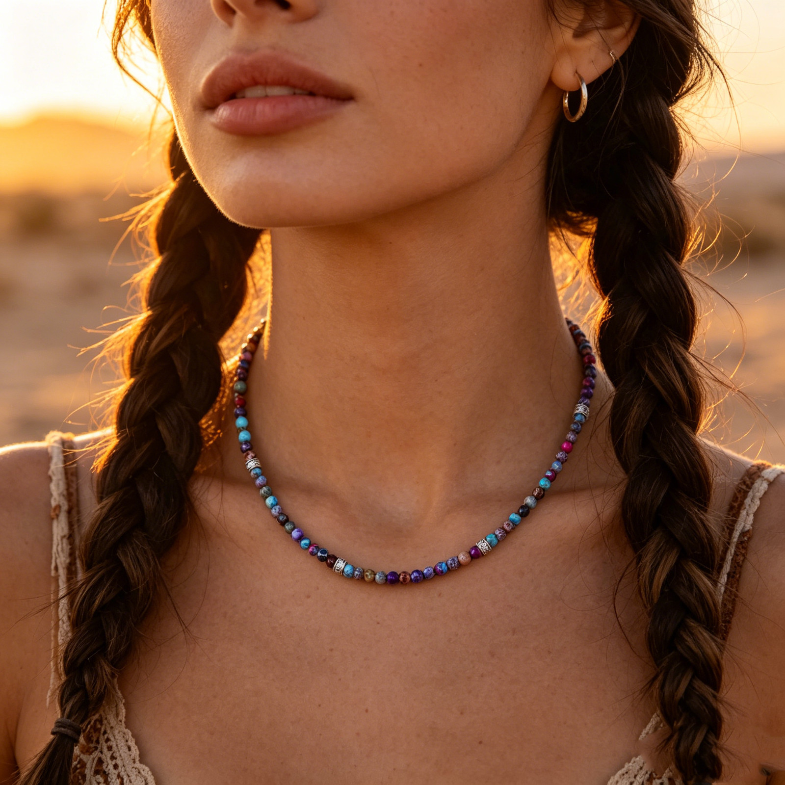 Multicolor Chakra Stone Beaded Choker Necklace Boho Healing Jewelry For Women