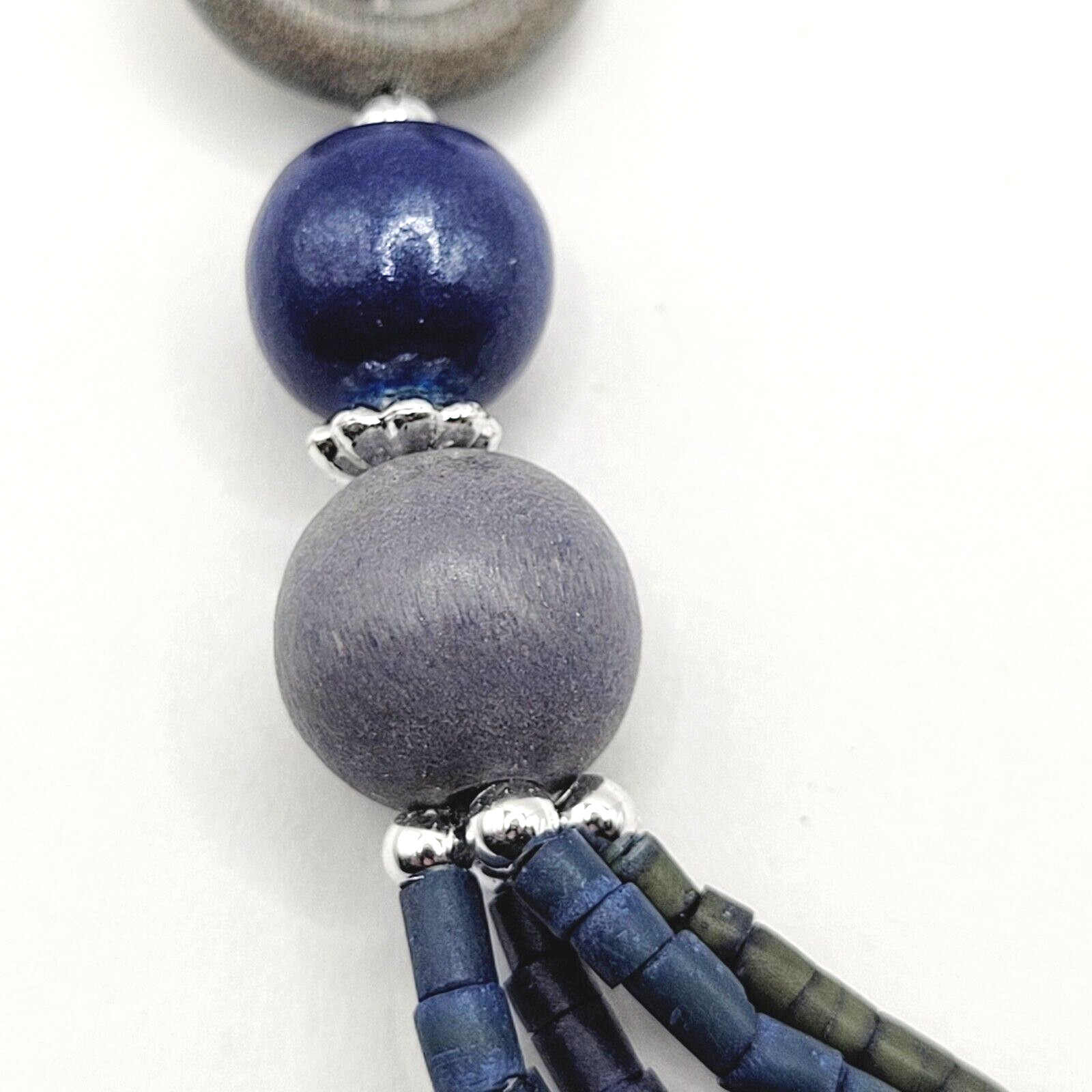 Mixed Material Wood Glass Metal Blue Heishi Style Multi Strand Beaded Necklace
