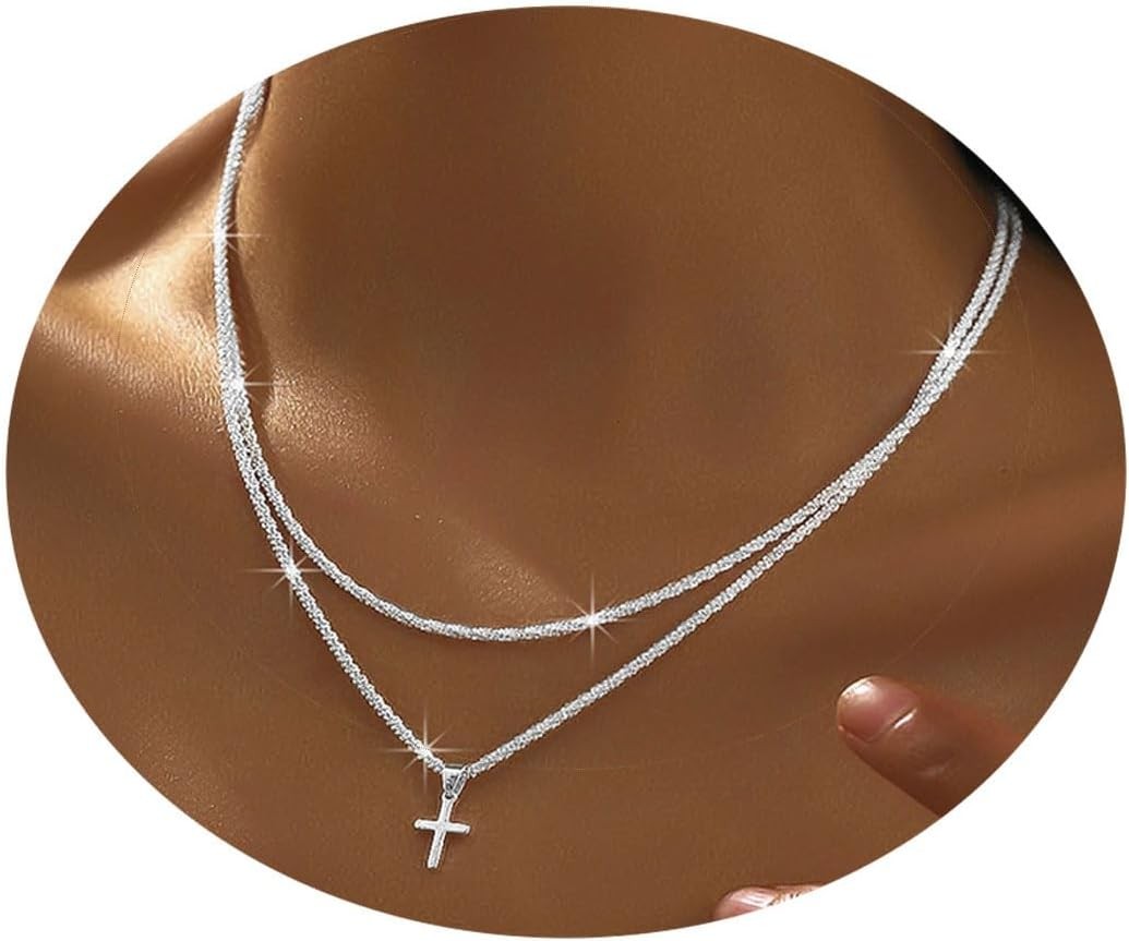 Layered 925 Sterling Siver Cross Charm Pendant Necklace Set for Women Silver