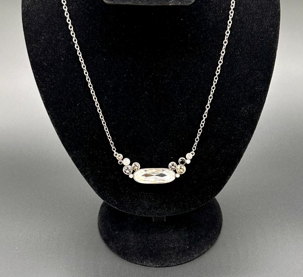 TCS Touchstone SWAROVSKI Crystal Statement Necklace Silver Tone Clear Black Oval