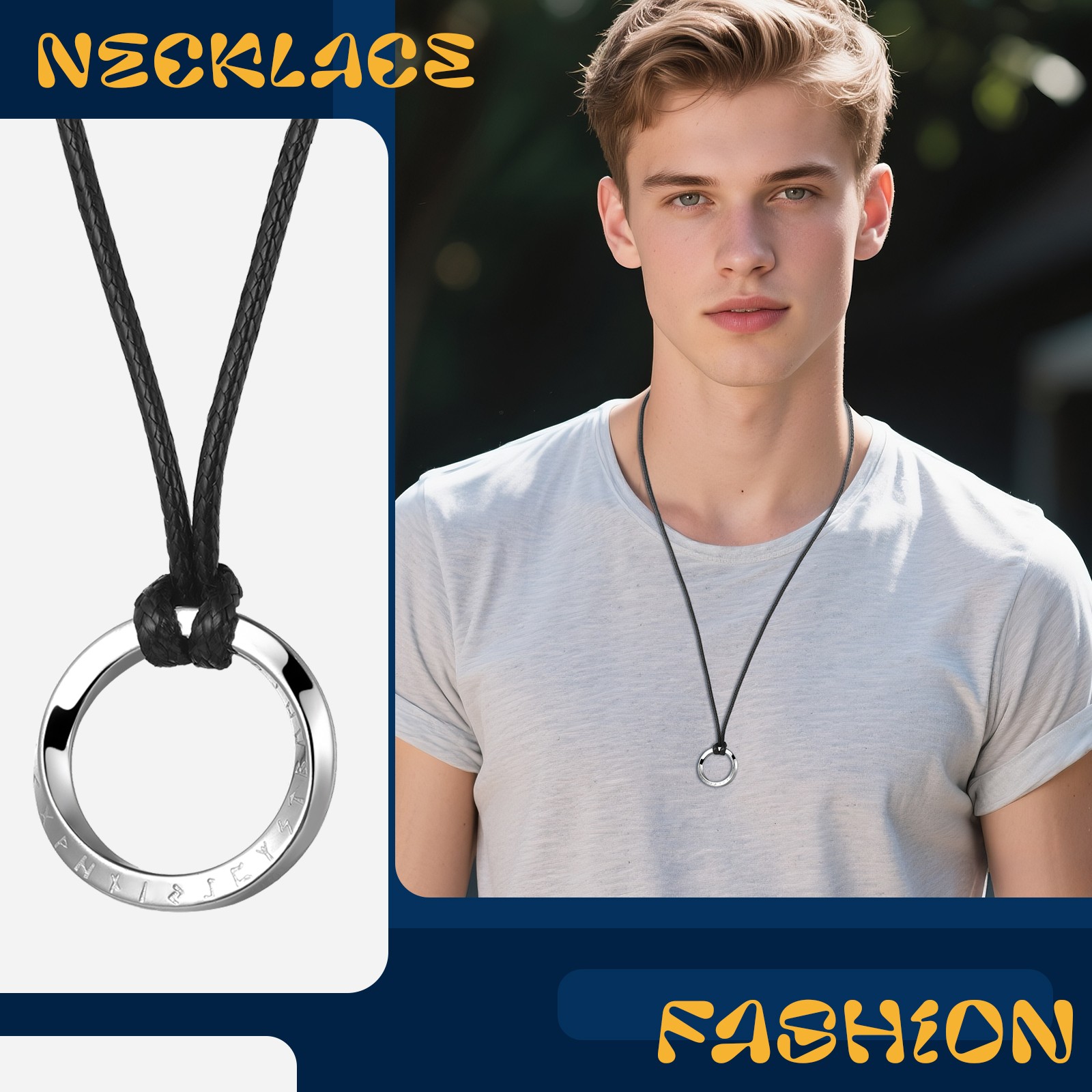 Mens Mobius Ring Norse Viking Rune Necklace with Adjustable Braided Leather Cord