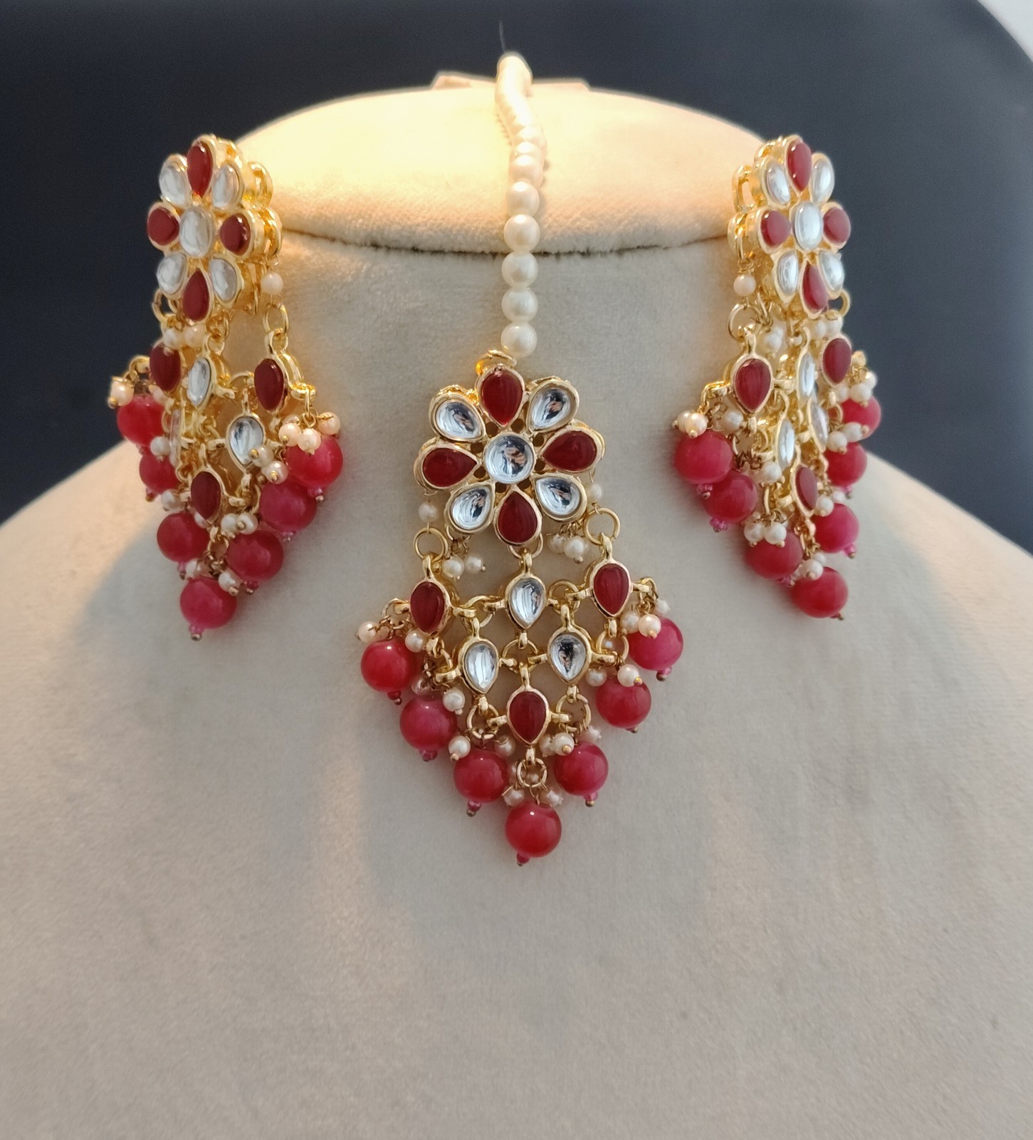 Aiza Red Kundan Floral Bridal Choker Set with Pink Bead Drops Roz Jewellers.