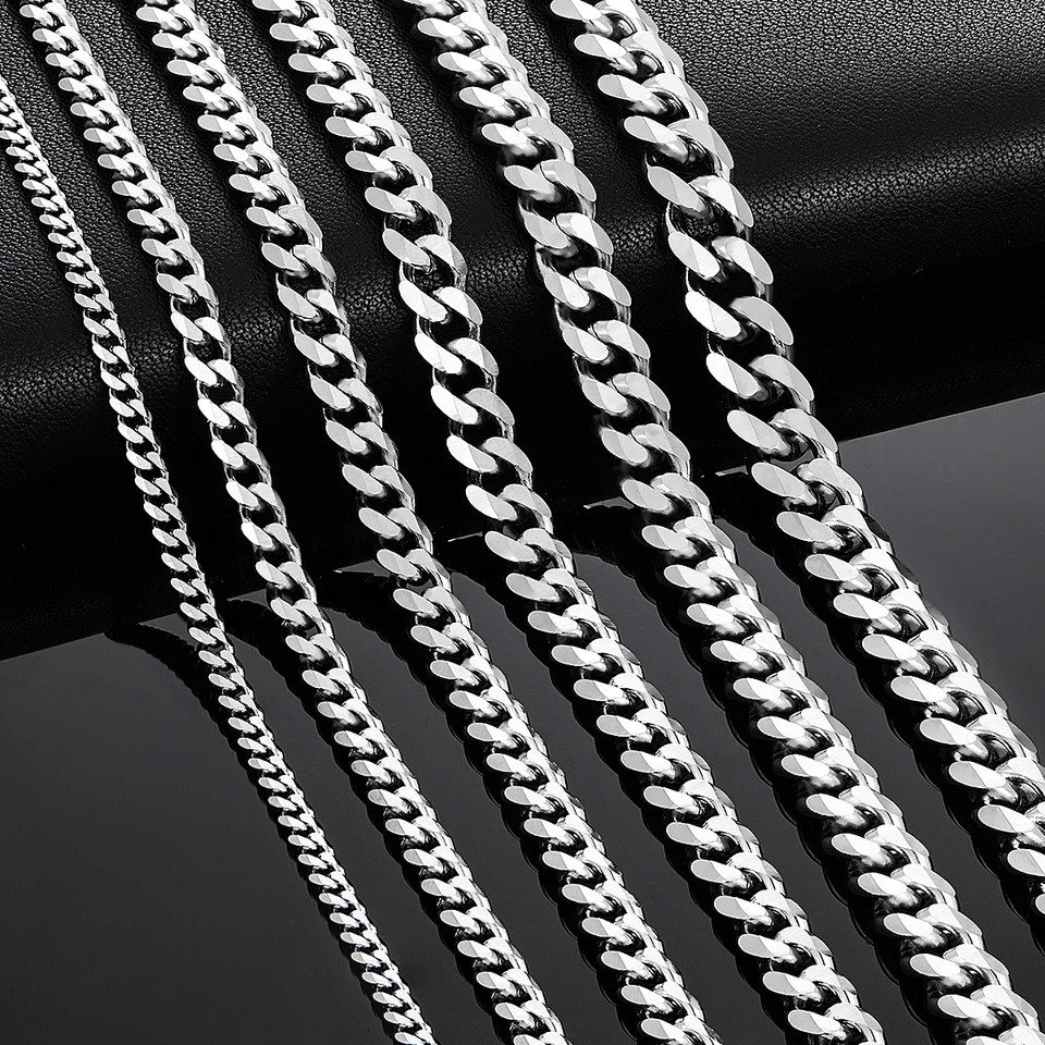 Stainless Steel Cuban Link Chain Necklace Men Chunky Curb Silver Tone Jewelry