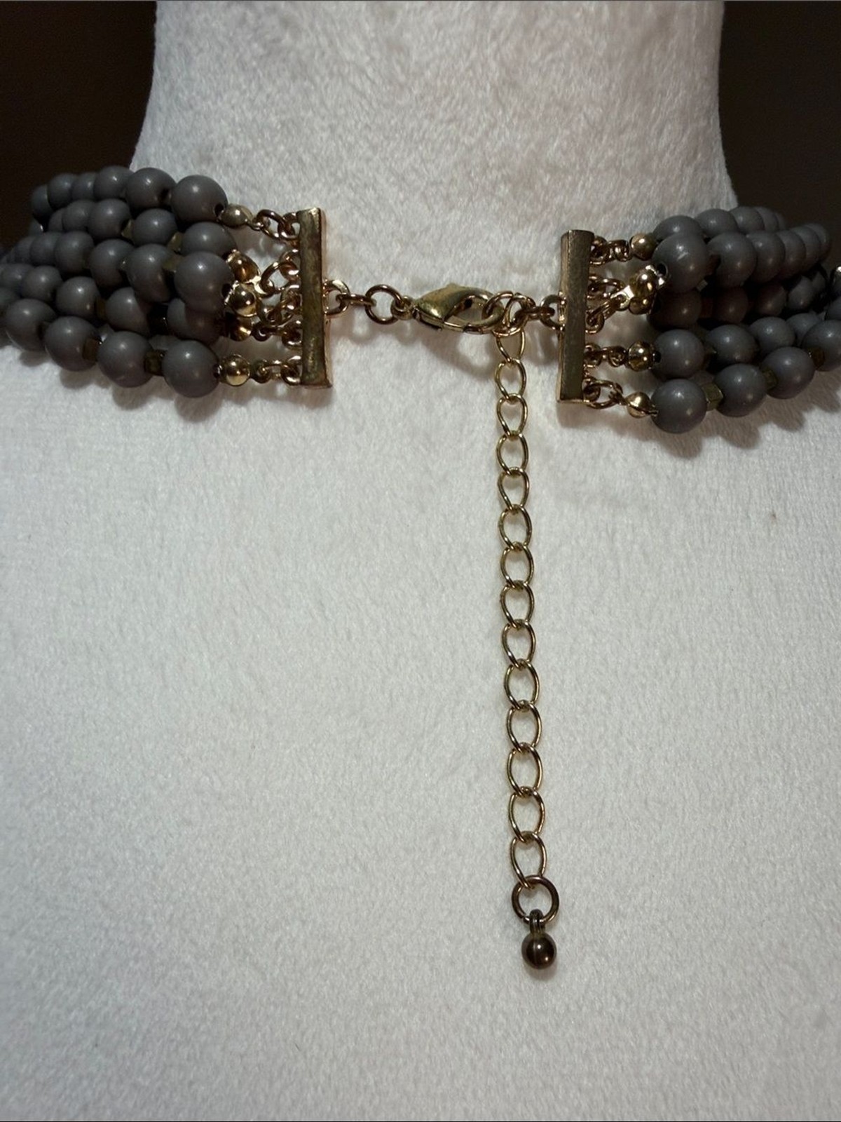 Boho Chunky Layered Gray Bead Statement Necklace W/ Gold Accents