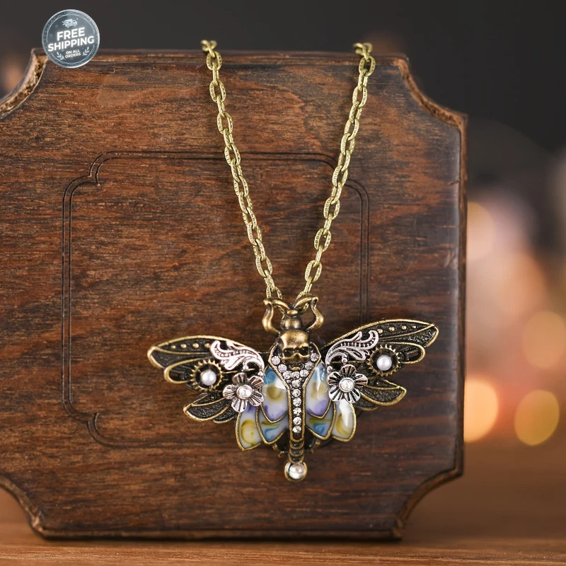 Vintage Boho Moth Skull Pendant Necklace for Women Daily Wear All Seasons Gift