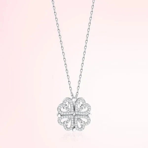 Four Leaf Clover Magnetic Folding Heart Crystal Pendant Necklace- Elegant