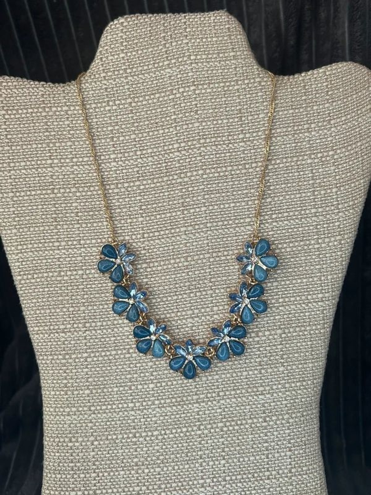 Gold Tone Blue Floral Cluster Statement Necklace Crystal Accents