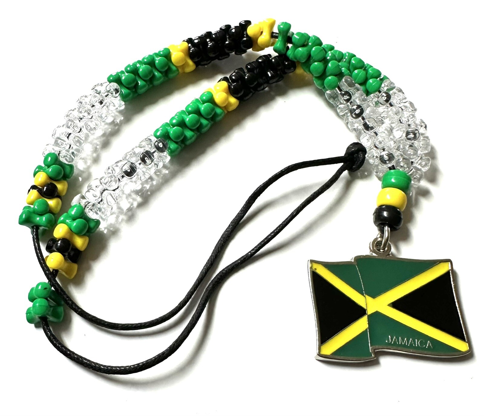 JAMAICAN FLAG COLOR Necklace Pendant With 14” BEADED In Leather String