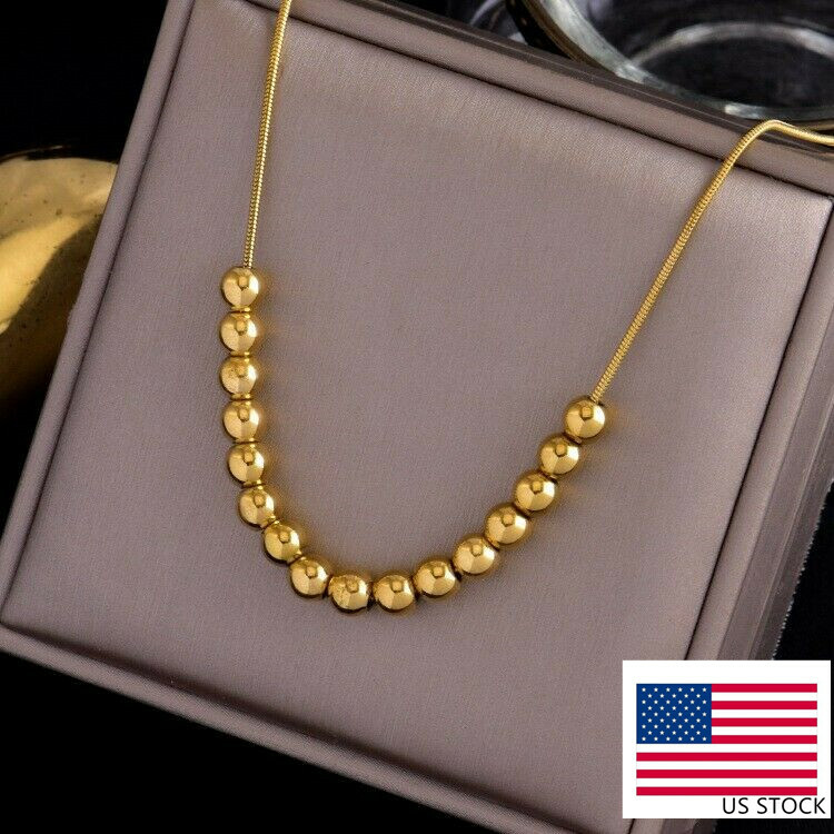 Woman 18K Gold Plated Stainless Steel Glossy Bead Bean Snake Chain Necklace 19”