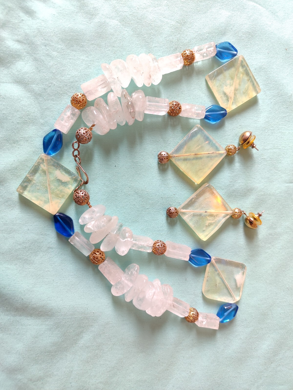 Boho Chunky Rock Quartz & Art Glass Necklace With Matching Earrings 27 In