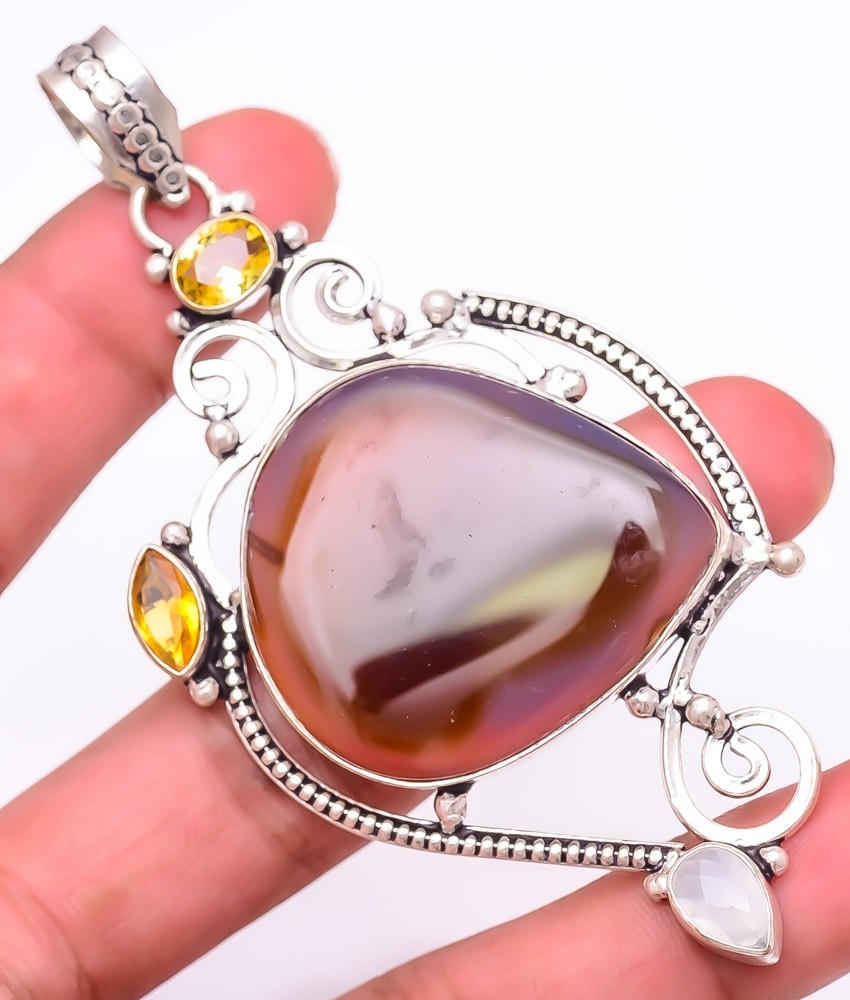 Natural Brown Onyx & Citrine 925 Silver Plated Jewelry Pendant 3.5″ T3068