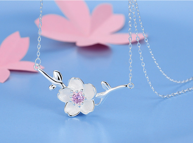Silver sakura cherry flower Pink Crystal pendant necklace 18″ Chain gift box S5