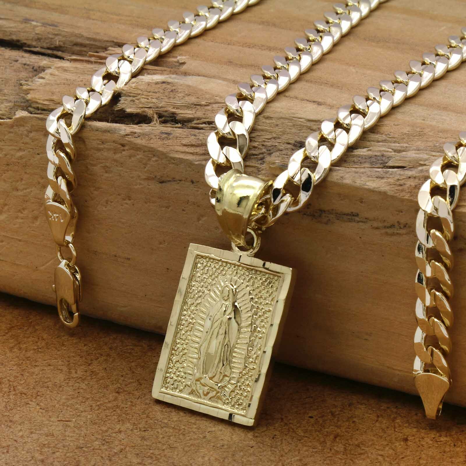 Mens 18k Gold Plated Brass Guadalupe Pendant 6mm 30″ Cuban Chain