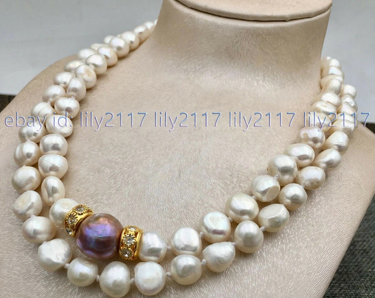 2Row Natural 9-10mm White South Sea Purple 15-16mm Baroque Pearl Necklace 17-18″