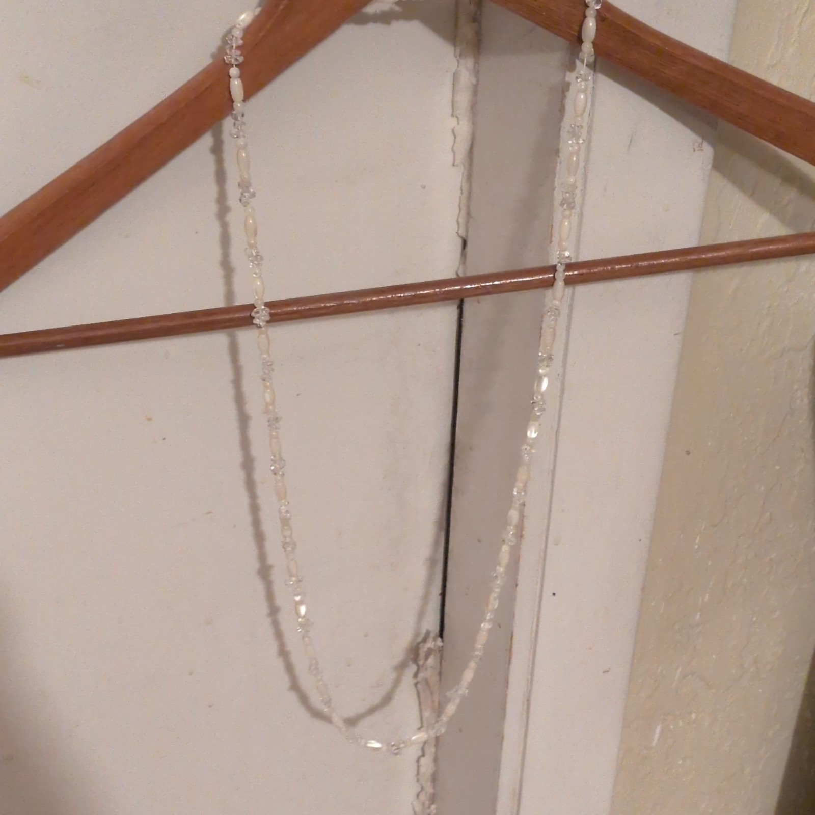 White Beaded Necklace with Oval Beads, Beaded Chain Fashion Jewelry, Undated Era