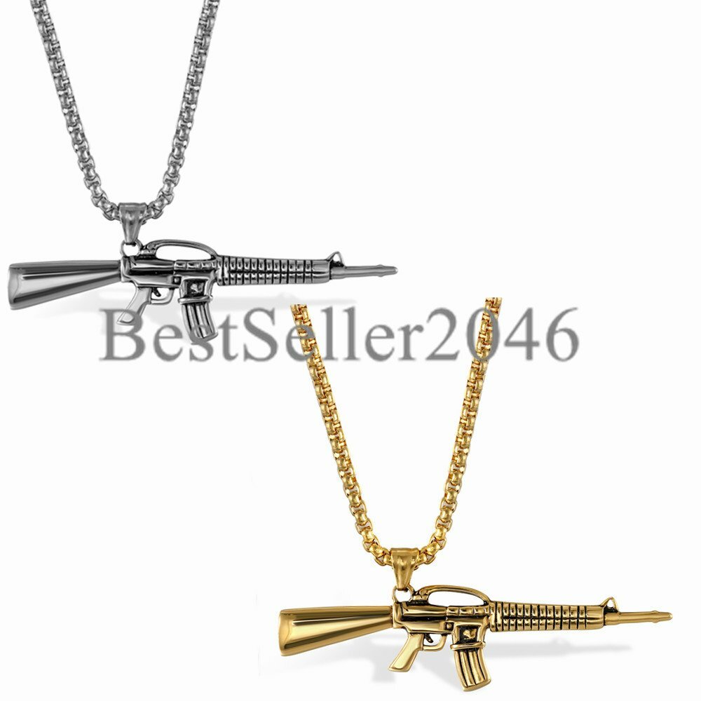 Mens Boys Stainless Steel Rifle Gun Military Army Jewelry Pendant Necklace 22″