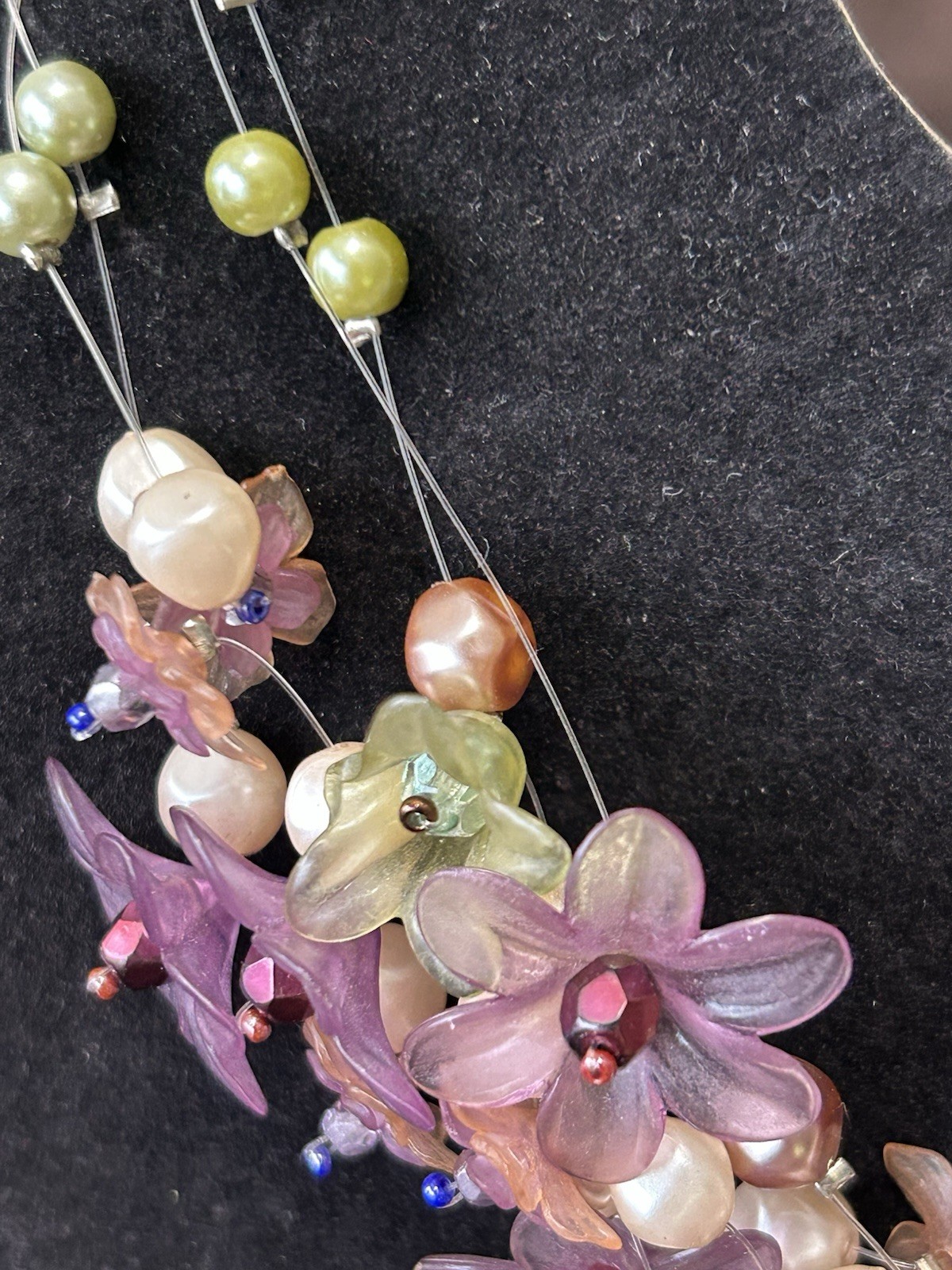 Floral Acrylic Necklace Earrings Faux Pearls Fairy Lavender Rhinestones
