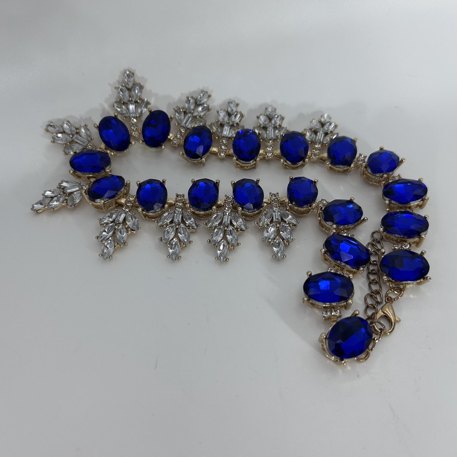 VTG Blue Rhinestone Statement Bib Necklace Gold Tone Crystal Prom Wedding Formal