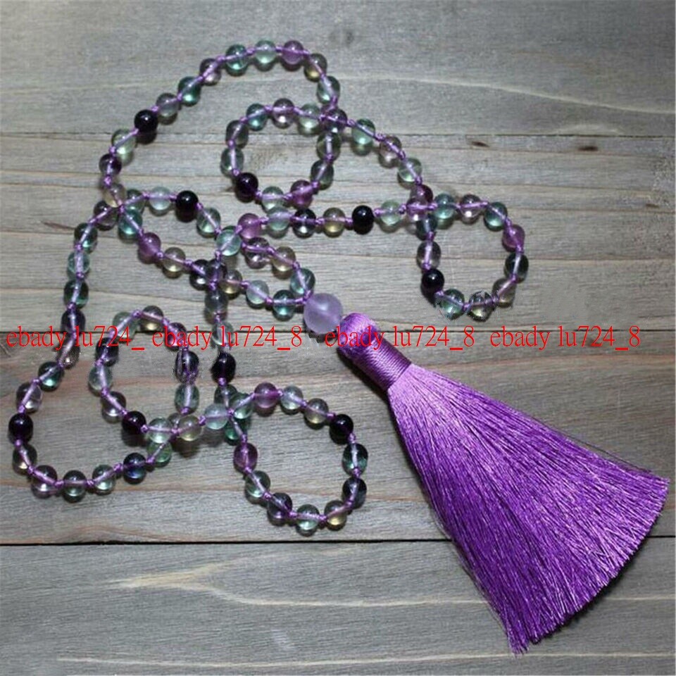 6/8/10mm Natural Rainbow Fluorite Round Gems 108 Prayer Beads Tassel Necklace