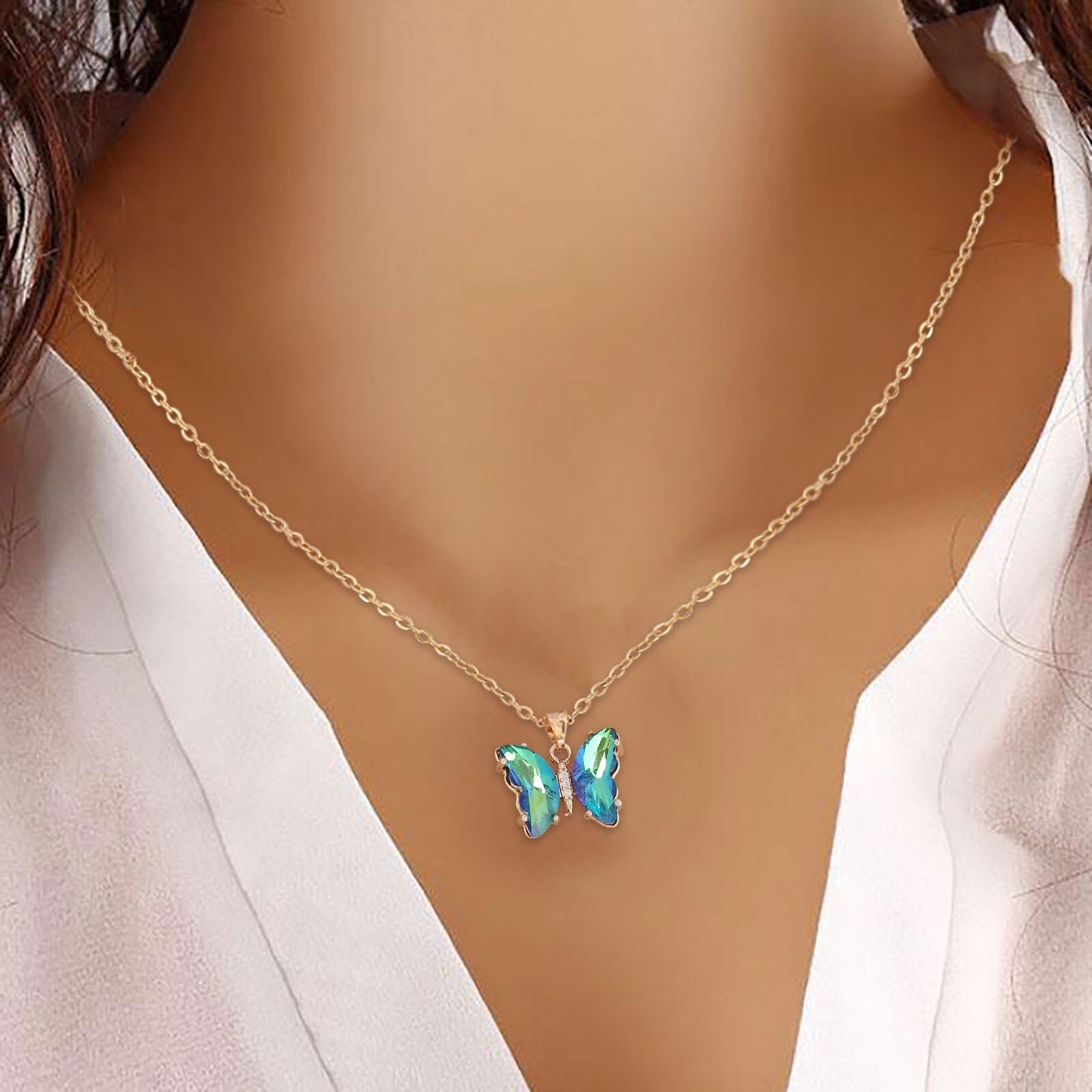 Gold & Green Crystal Butterfly Necklace, New Statement Everyday Necklace, Gift