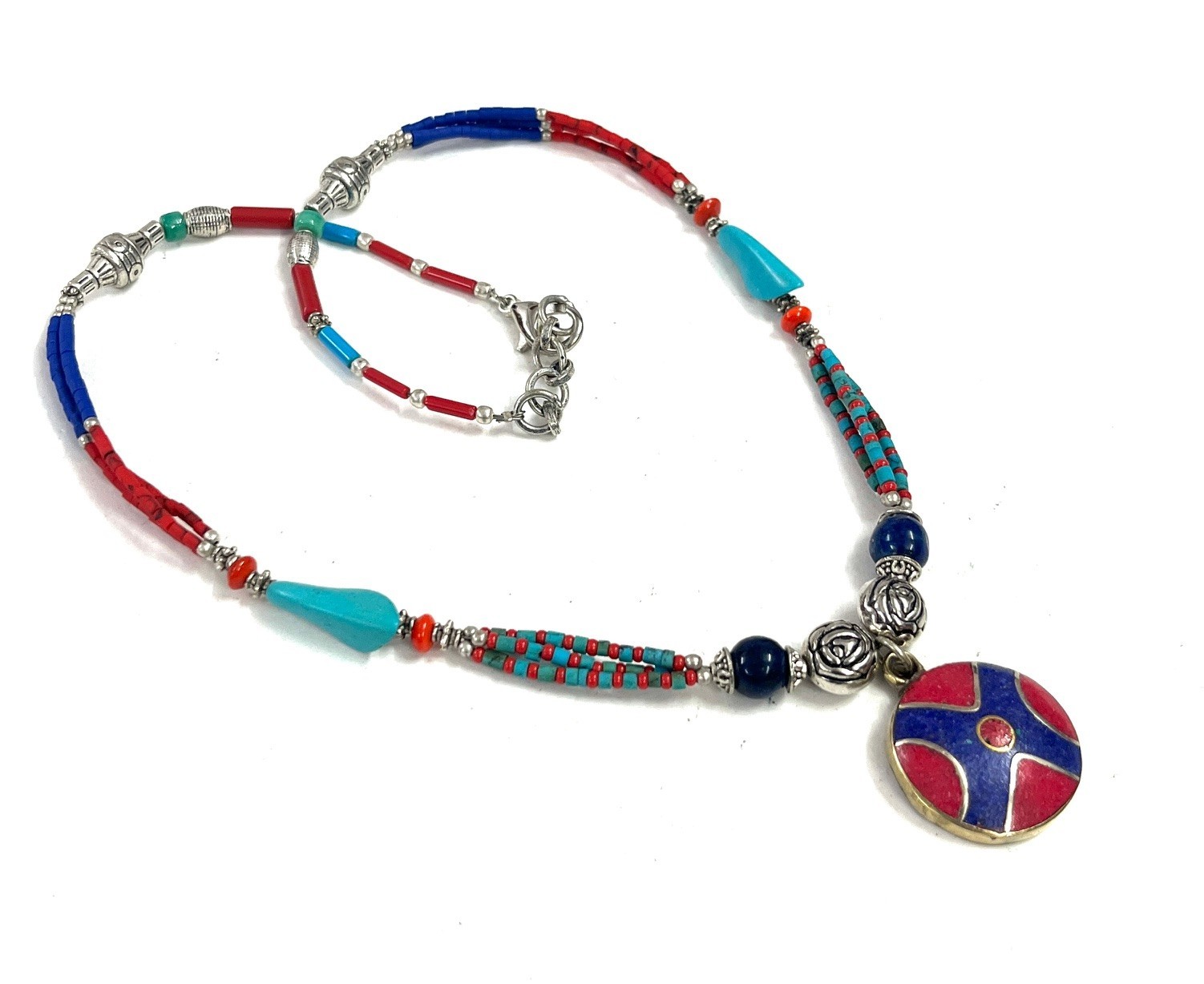 Lapis Coral Turquoise Gemstone Tibetan Handmade Necklace Jewelry, 18 Inc Adjst