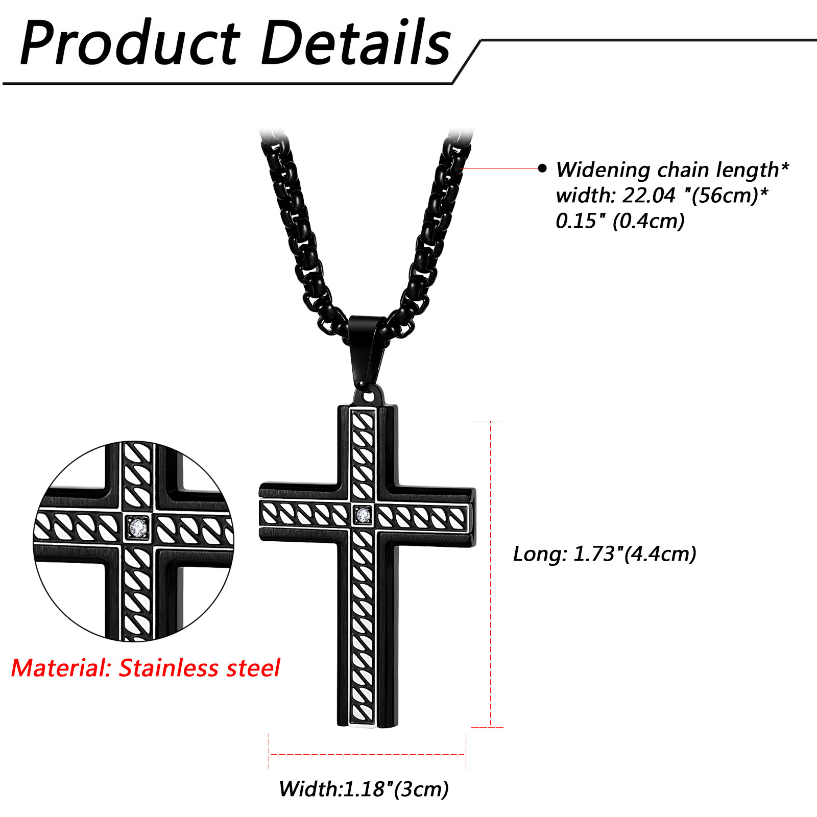 Mens Boys Cool Black Striped Cross Stainless Steel Pendant Necklace Chain 22in