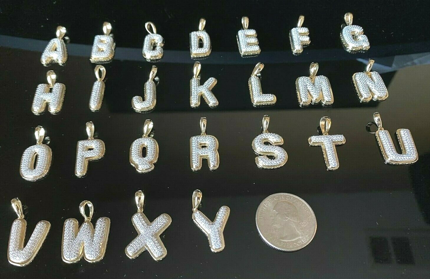10k Solid Yellow Gold Bubble Initial A to Z Alphabet CZ Pendant Charm