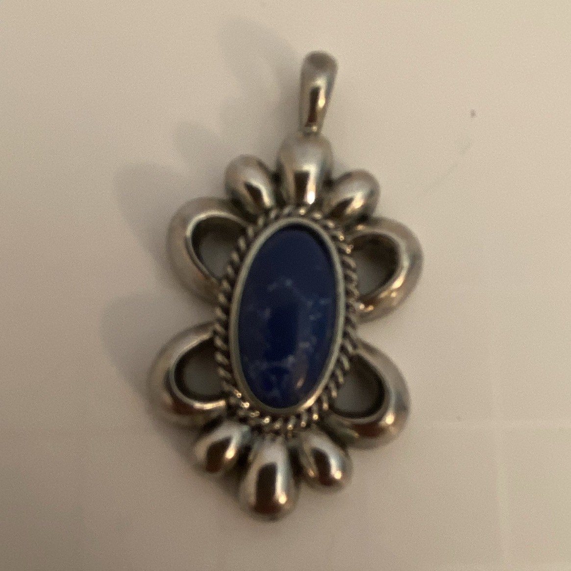 Silver Tone Floral Charm Pendant Blue Oval Cabochon Bezel Set Metal
