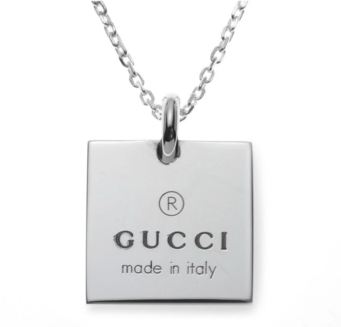 GUCCI Necklace Square Plate Pendant Engraved Logo Adjustable Chain Silver