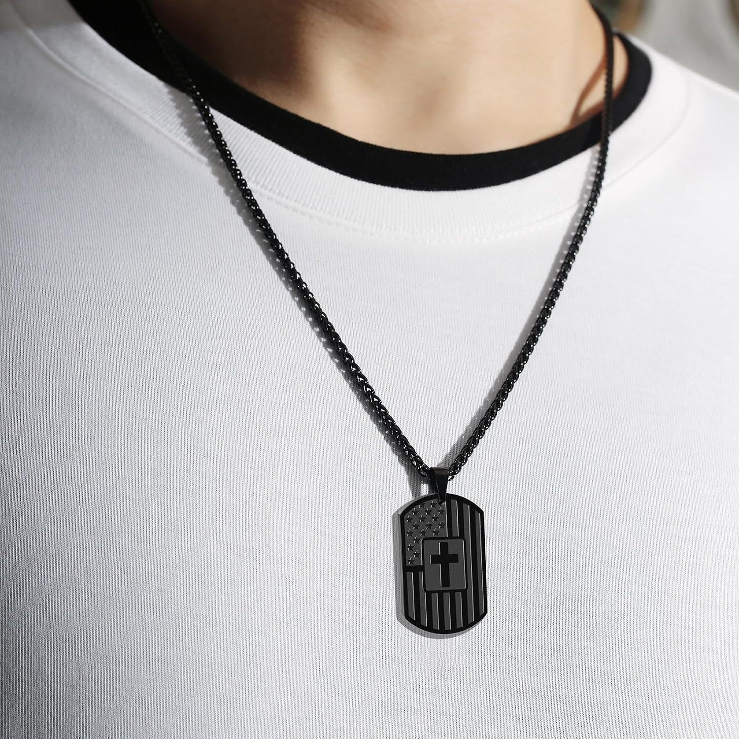 American Dog Tag Cross Necklace for Men Boys Christian Confirmation Gifts