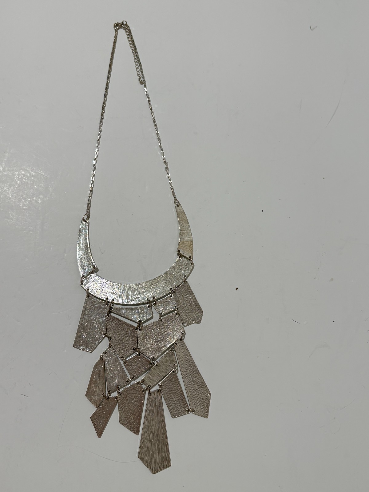 Lime Green Enamel Geometric Bib Statement Necklace Silver Tone Articulated
