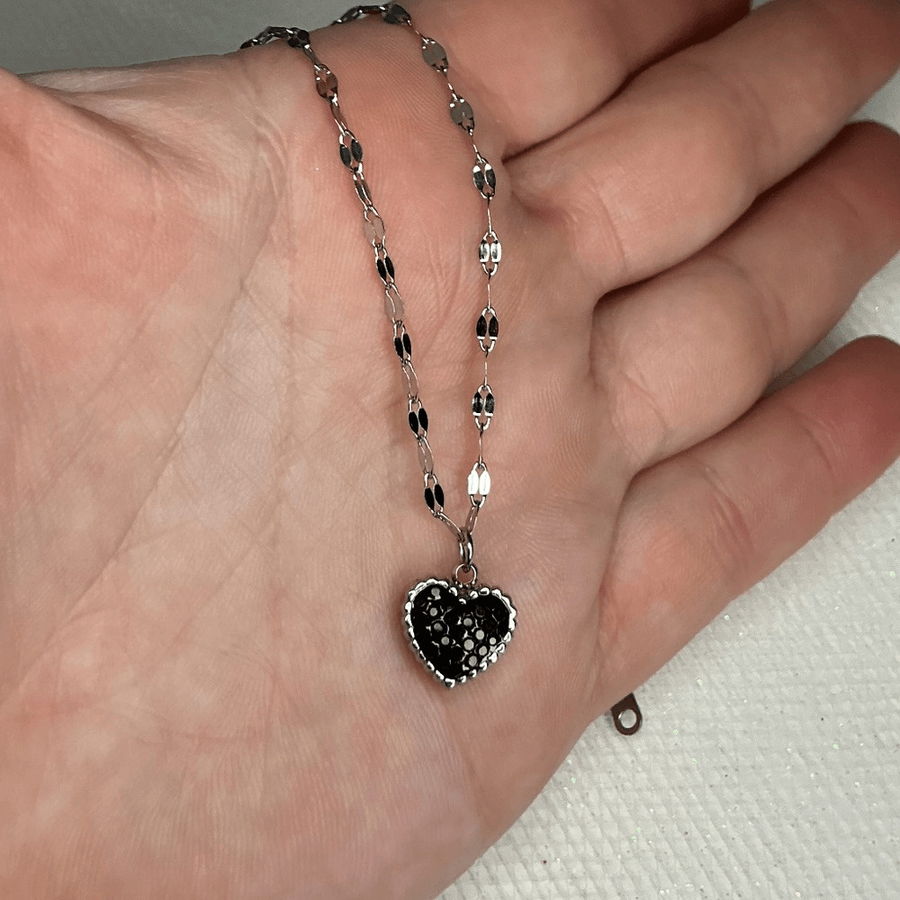 Silver Plated Stainless Steel Black Heart Pendant Necklace CZ Minimalist