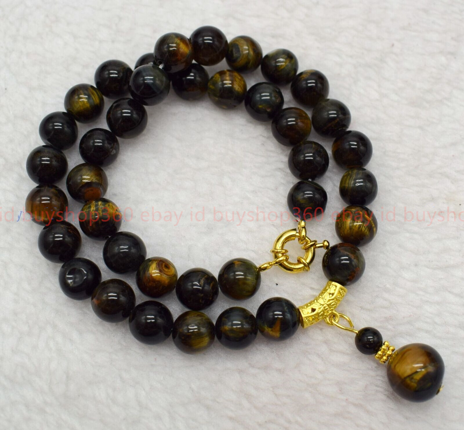Natural 8/10mm Yellow Blue Tiger’s Eye Gems Round Beads Pendant Necklace 16-24in