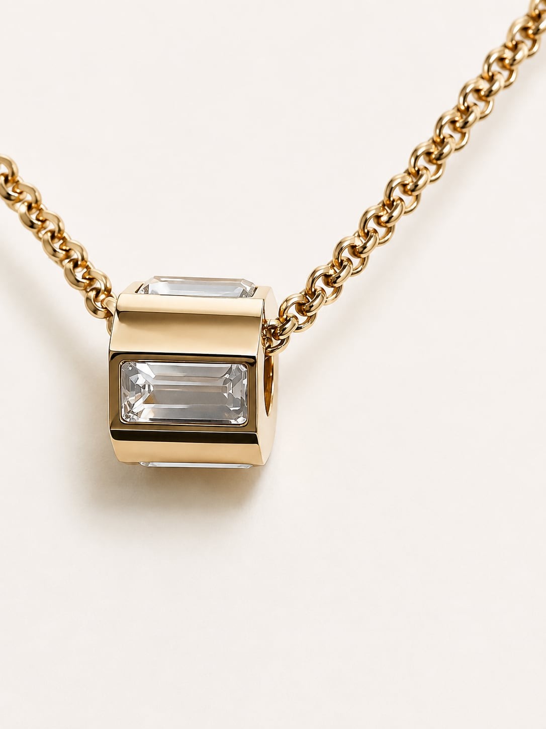Gold Tone Geometric Cube Necklace | Multi-Color Baguette Crystals | Purple, Gree