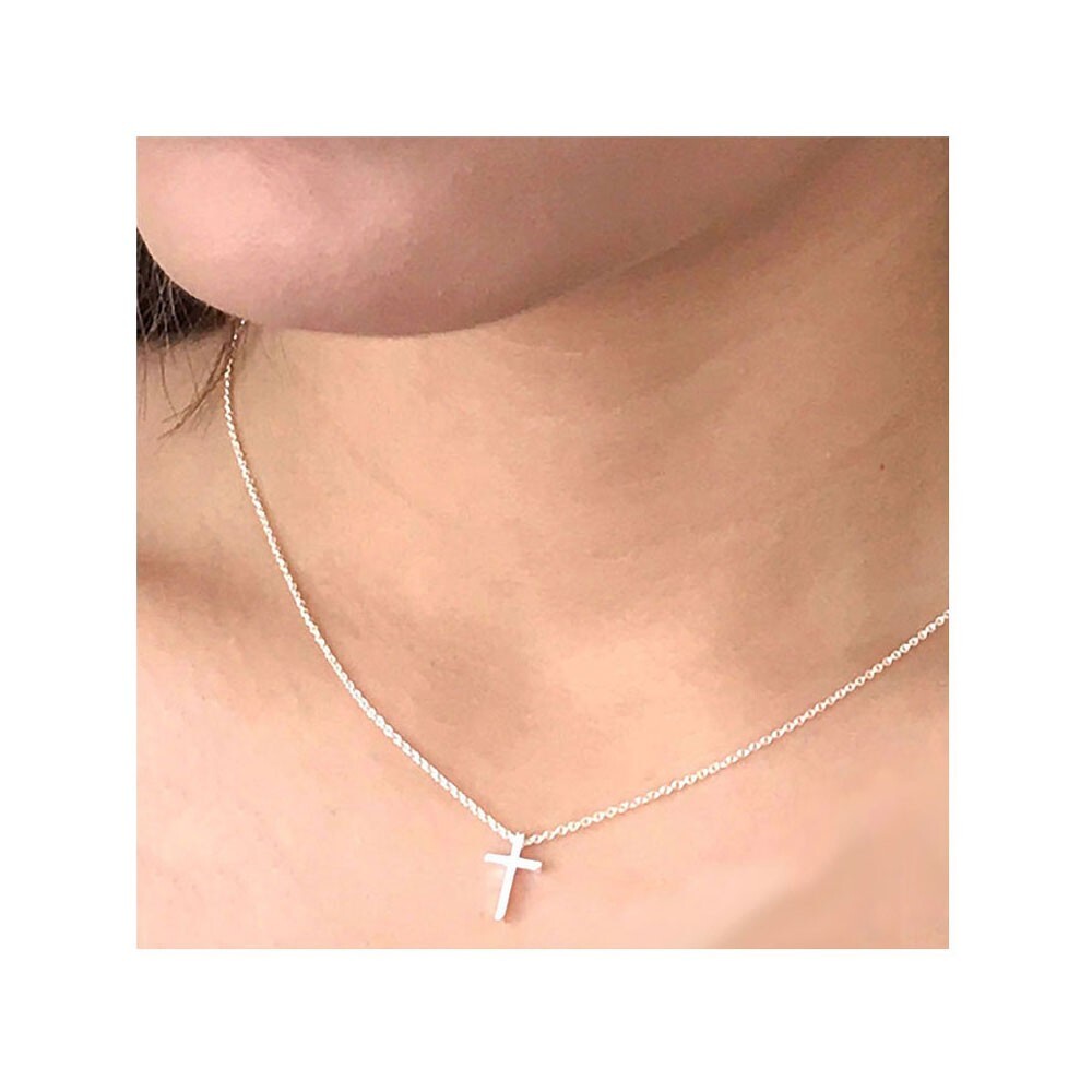 16″+2″WOMEN 925 STERLING SILVER SMALL PLAIN CROSS PENDANT CHAIN NECKLACE*AWN15