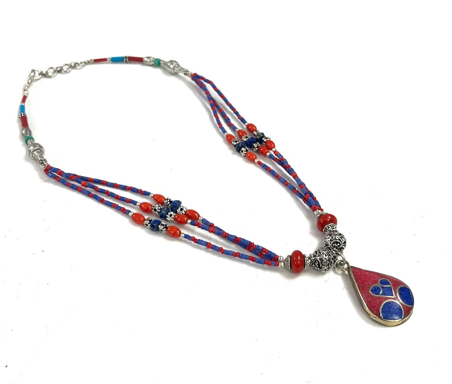 Antique Red Coral Lapis Gemstone Tibetan Bohemian Necklace Jewelry, 18 Inc Adjst