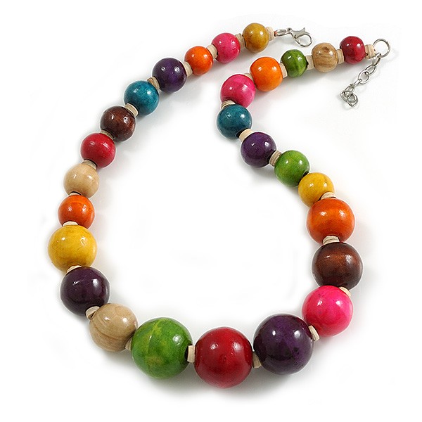 Multicoloured Graduated Wood Bead Necklace – 48cm L/ 4cm Ext