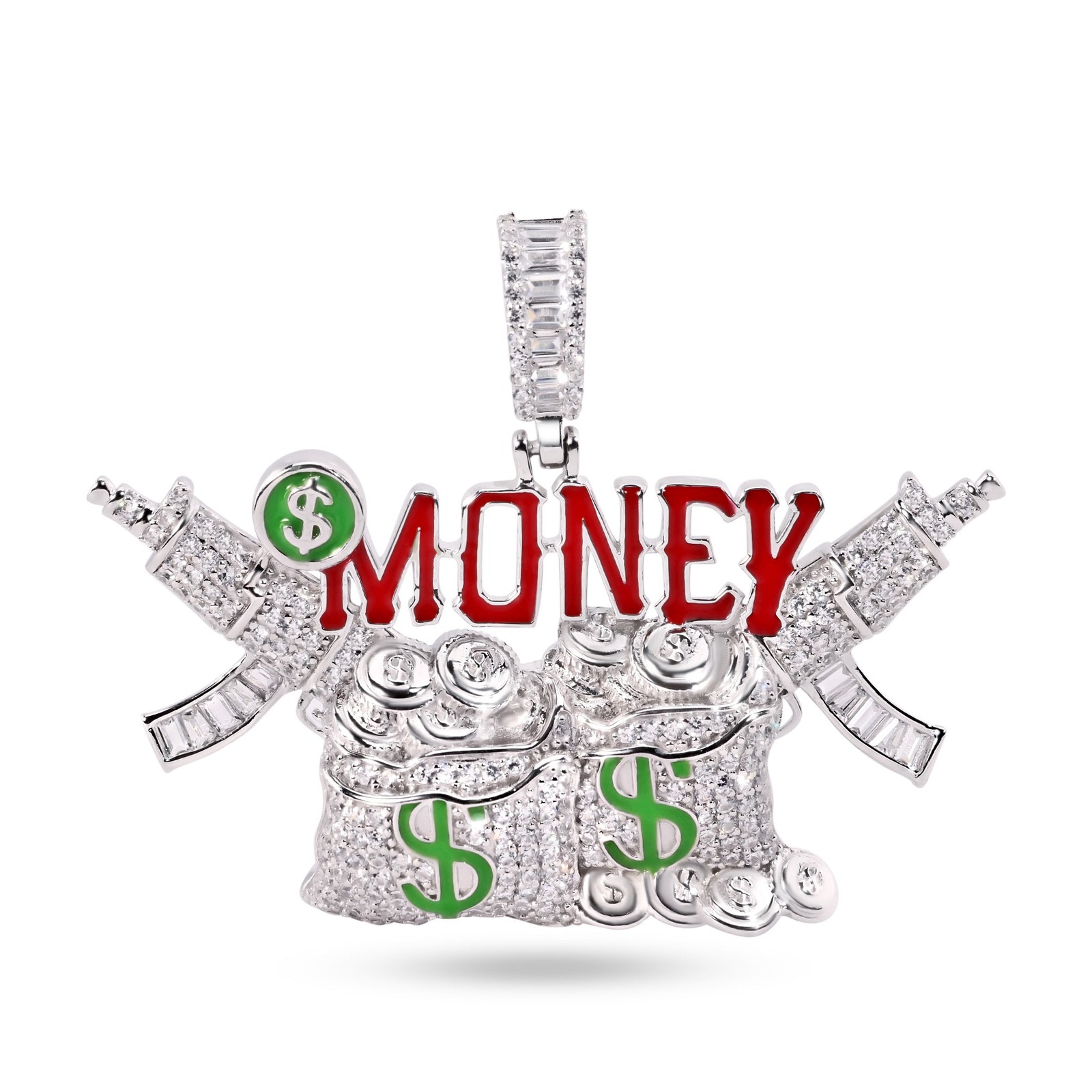 Rhodium Plated 925 Sterling Silver Money Bag Guns Cash $ Gangster Enamel Pendant