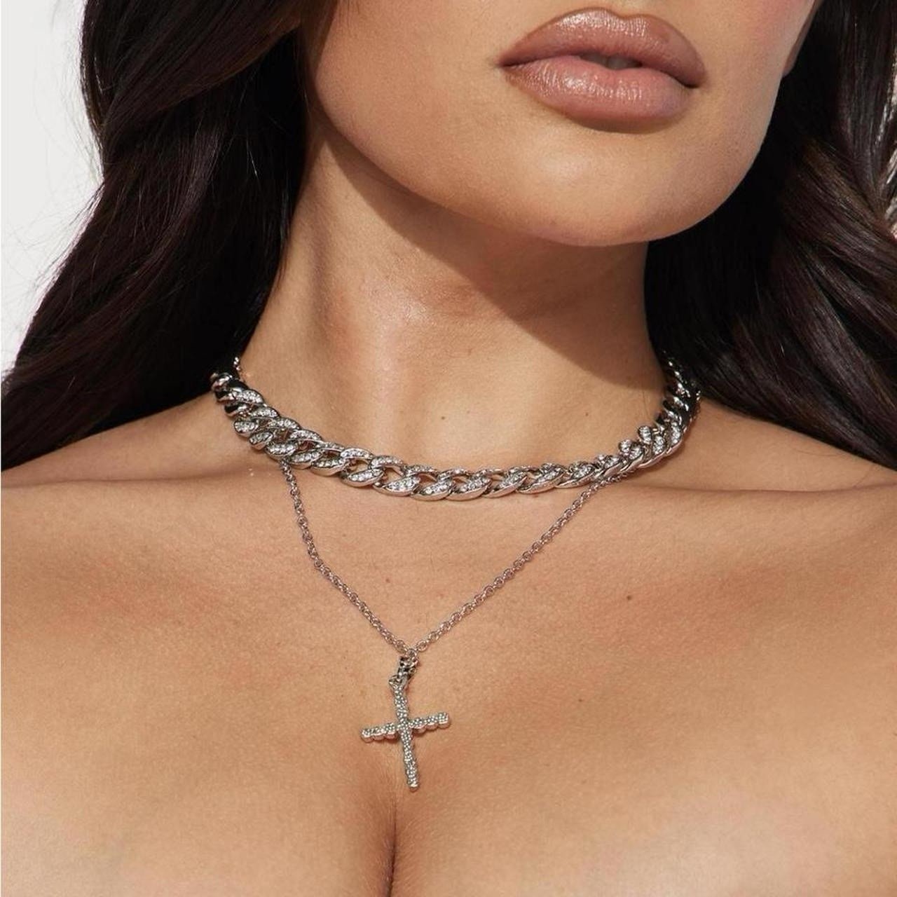 Layered Silver Plated Cuban Link Choker Necklace w/ Cross Charm, Clear Crystal
