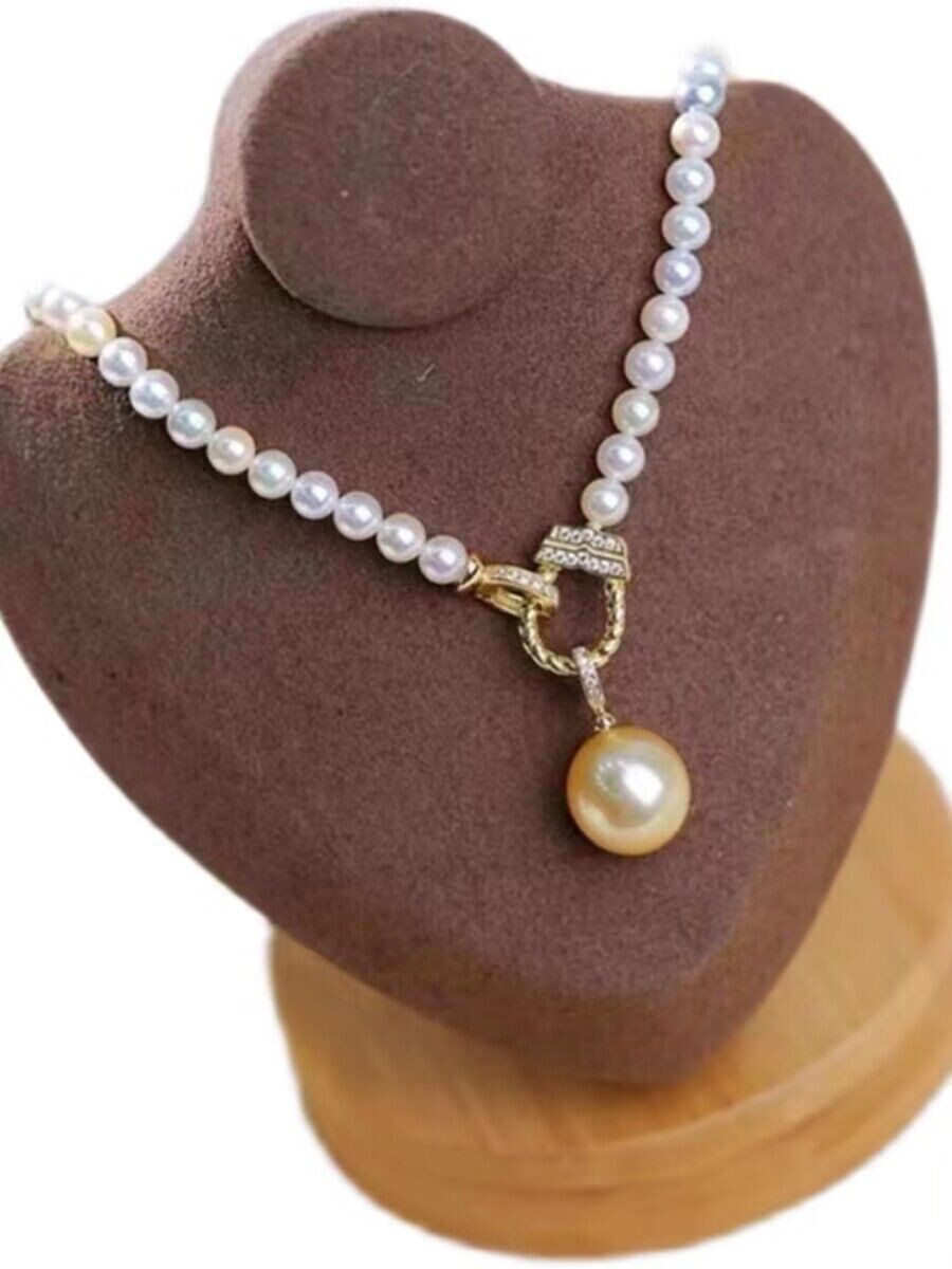 17in White Round 6-7mm South Sea Pearl Necklace 10mm Gold Round Pearl Pendant