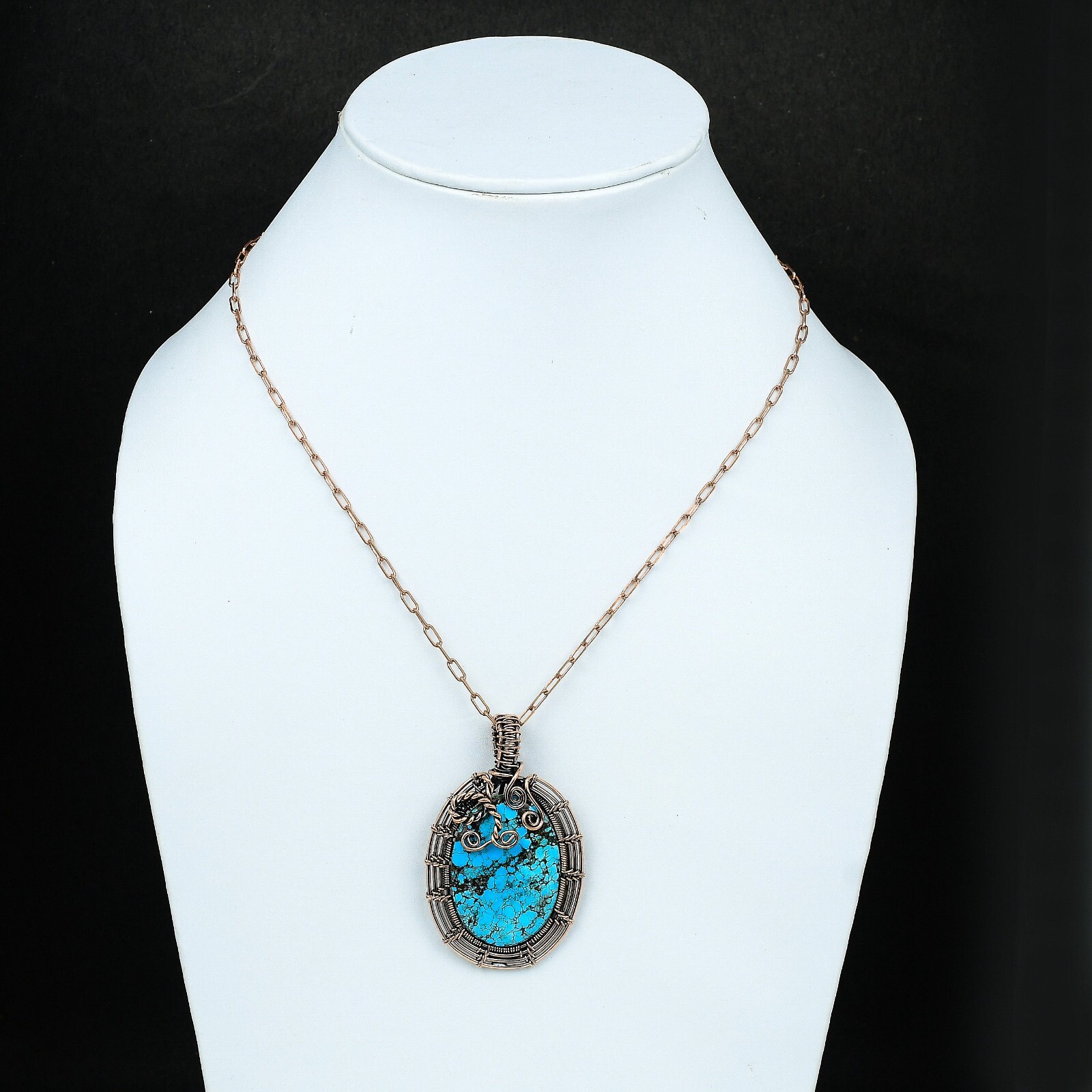 Tibetan Turquoise Gemstone Jewelry Copper Love Gift Wire Wrapped Pendant 2.44″