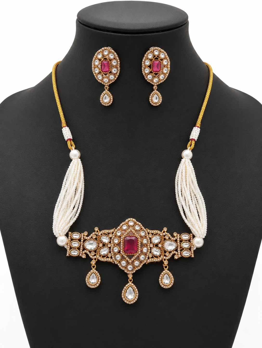 Red Stone Kundan Necklace Set Pearl Wedding Jewelry Gift for Women 137
