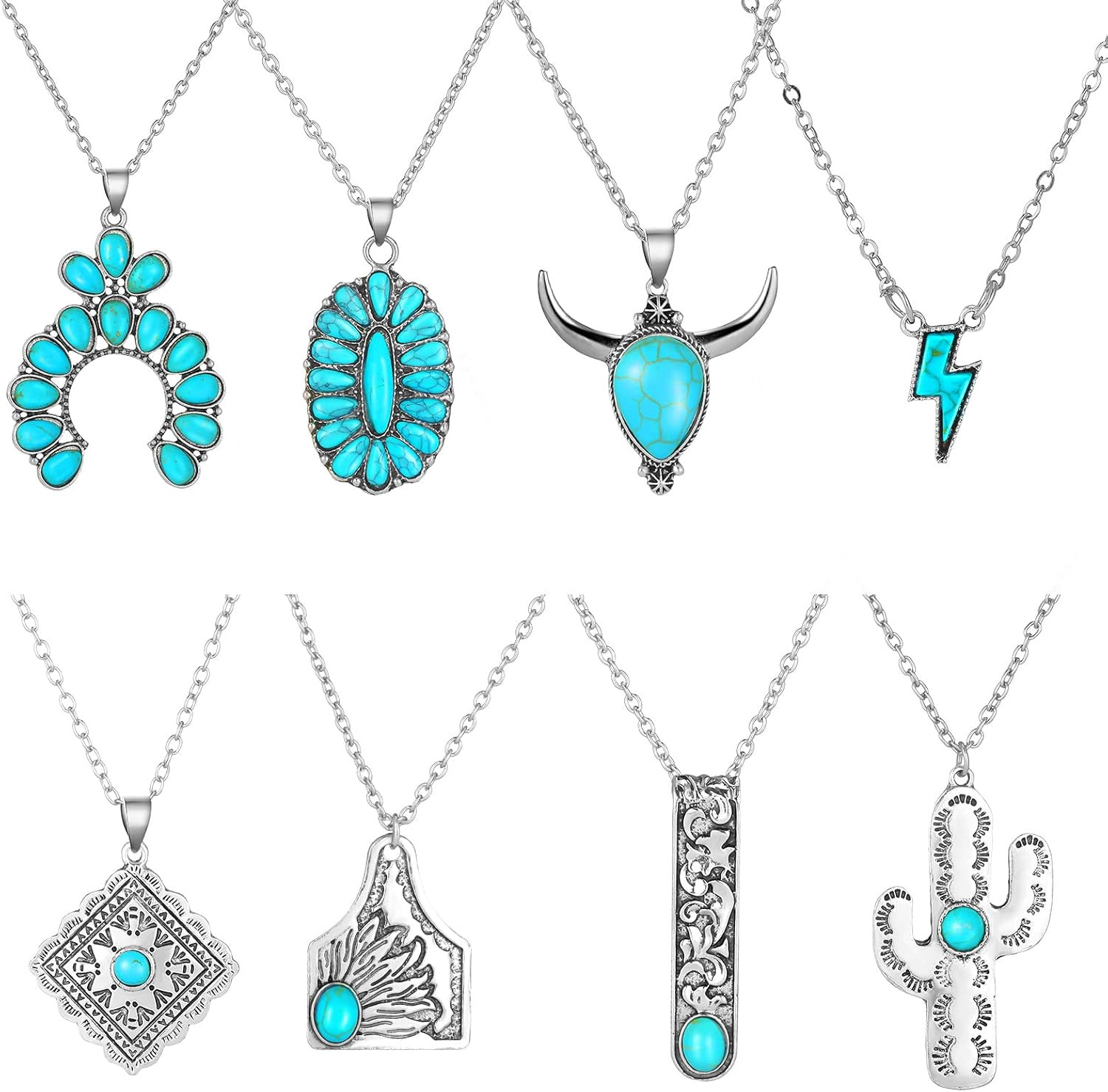 8 Pcs Turquoise Necklaces for Women Western Necklaces Jewelry Gift Bohemian Turq