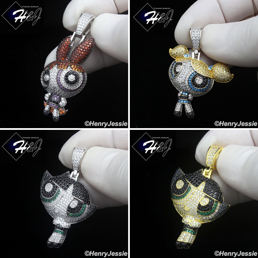 925 STERLING SILVER ICY CZ GOLD PLATED/SILVER 3D THE POWERPUFF GIRLS PENDANT*415