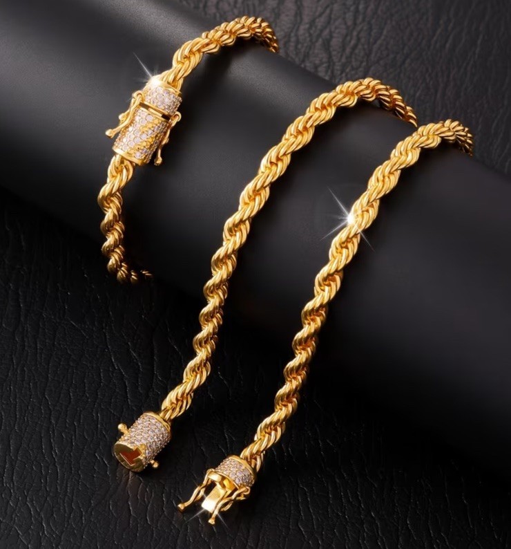 2 Pcs of Men’s Fashion Jewelry, 18K Gold-Plated & Zirconia 6mm 23.62in/7.48 inch