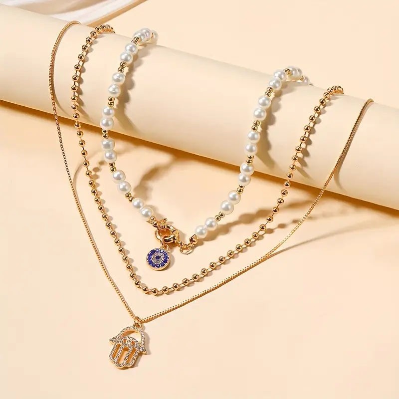 Elegant Layered Imitation Pearl Necklace for Women Rhinestone Alloy Jewelry Gift